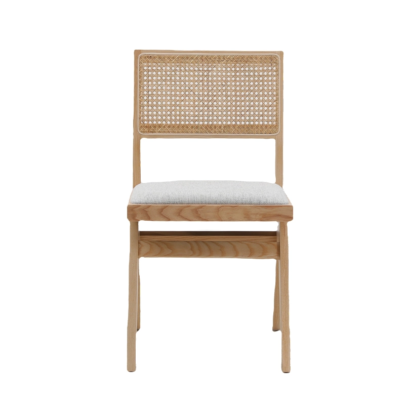 Wooden frame dining chair with natural rattan backrest and cushion seat