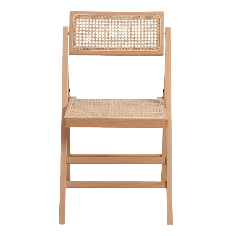 Foldable Wooden frame dining chair with natural rattan seat and back