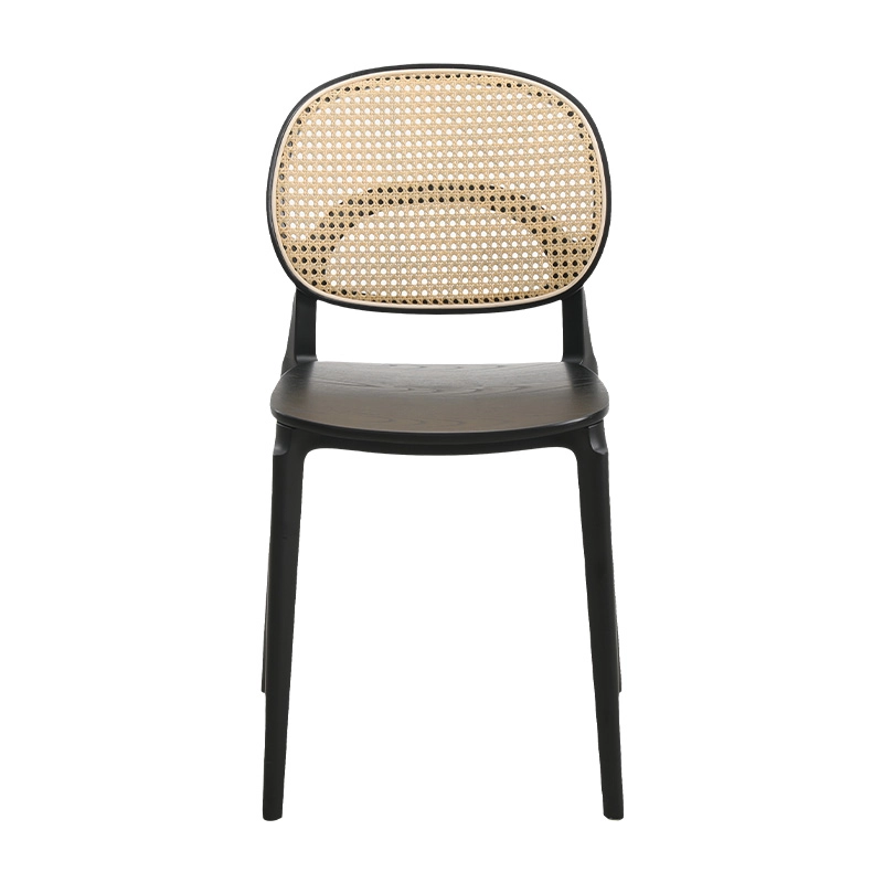 Plastic frame dining chair, bent plywood seat and natural rattan backrest