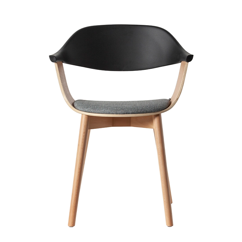Wood dining chair with plastic armrest and cushion seat