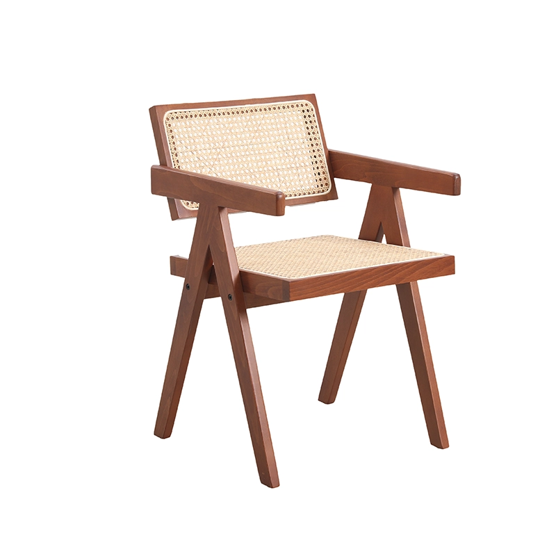Wooden frame dining armchair with natural rattan seat and backrest