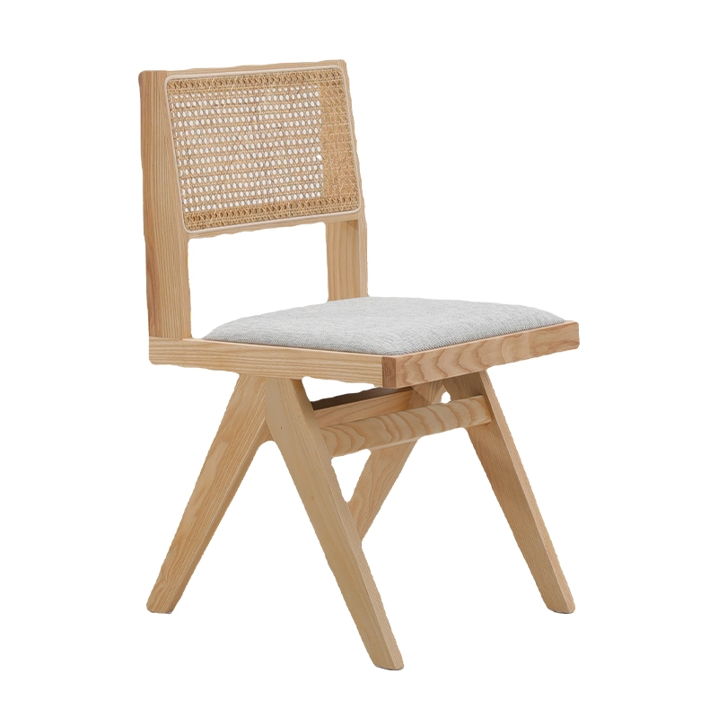 Wooden frame dining chair with natural rattan backrest and cushion seat