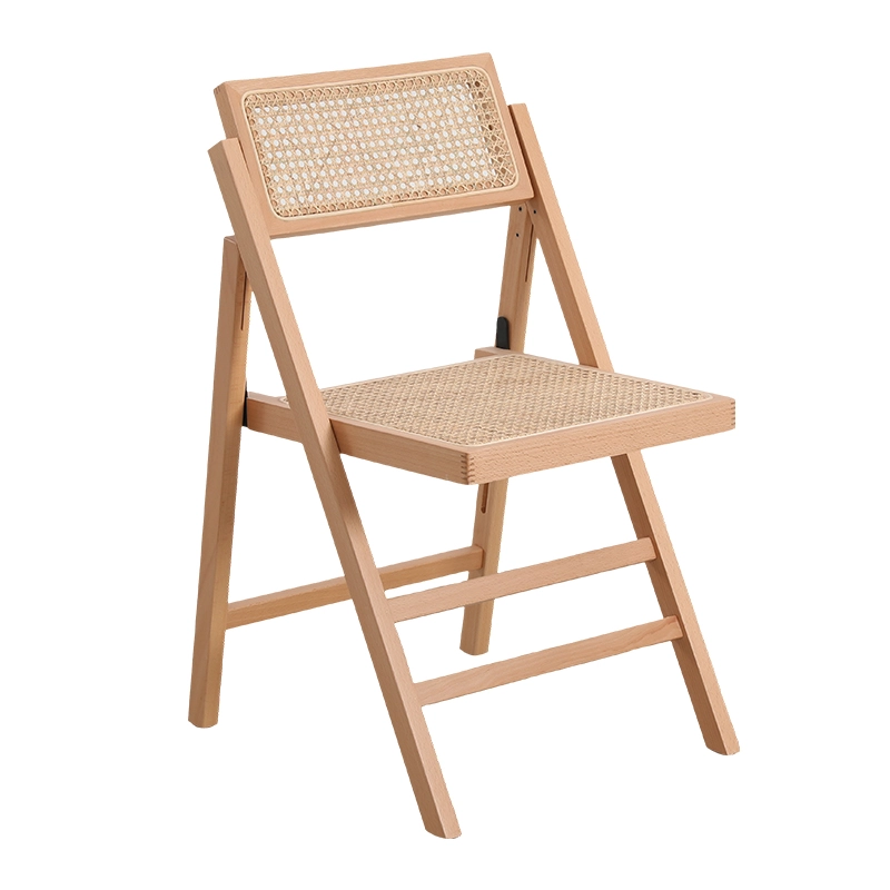 Foldable Wooden frame dining chair with natural rattan seat and back