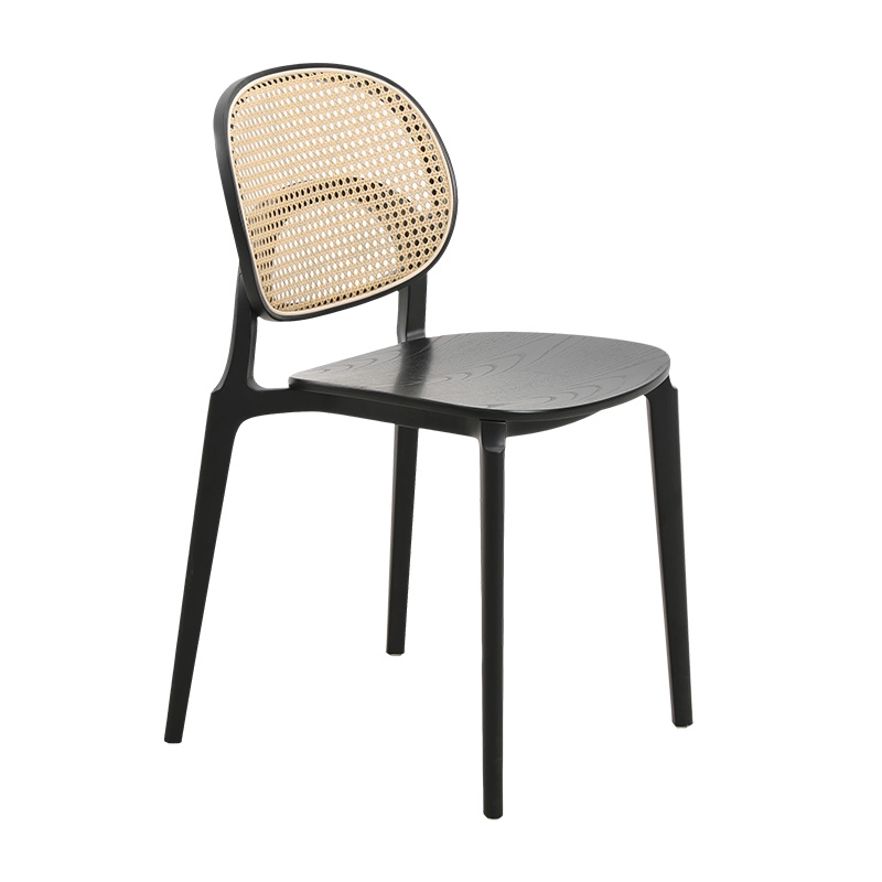 Plastic frame dining chair, bent plywood seat and natural rattan backrest