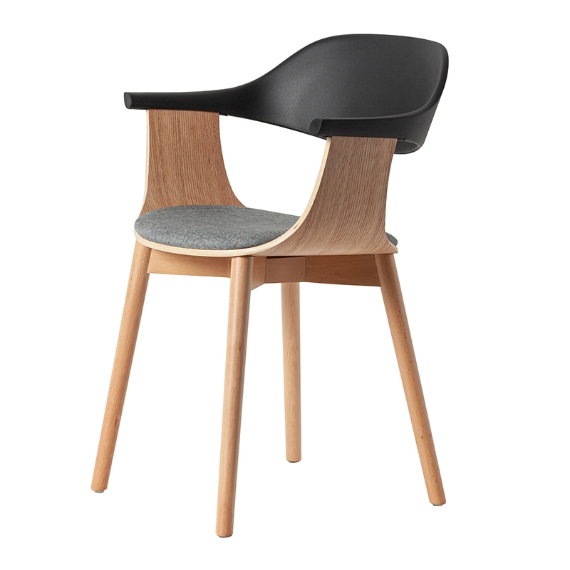 Wood dining chair with plastic armrest and cushion seat