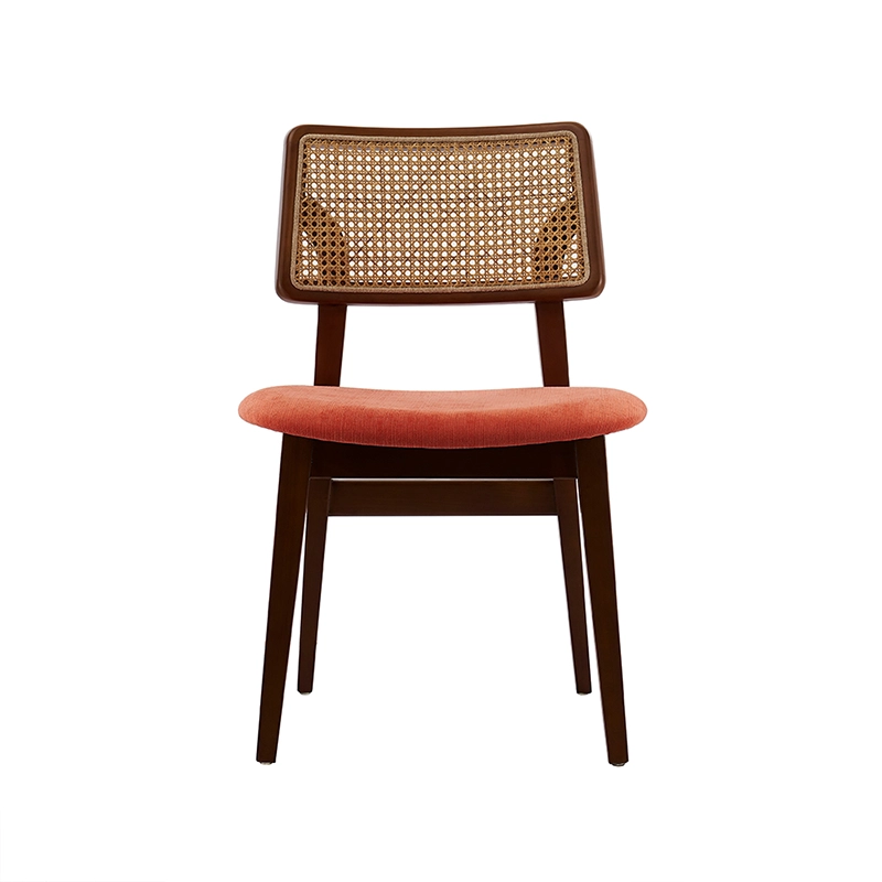 Wooden dining chair with cushion seat and natural rattan backrest