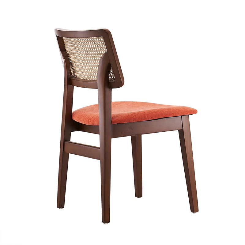 Wooden dining chair with cushion seat and natural rattan backrest