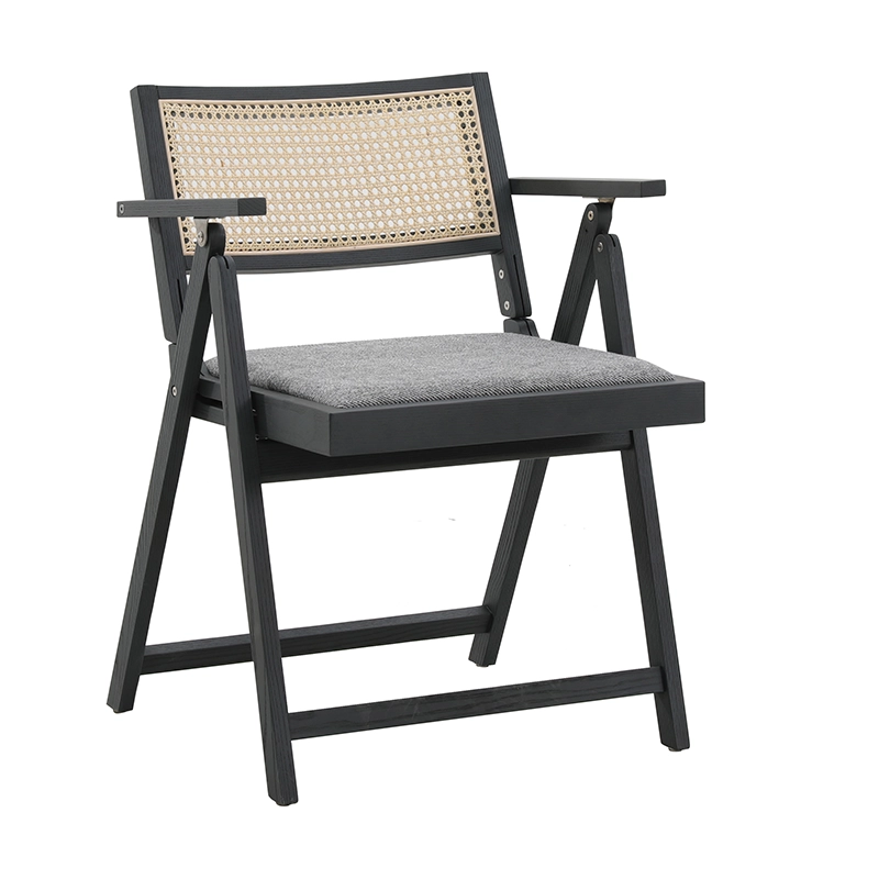 Foldable Wooden frame dining chair with armrest, natural rattan back and cushion seat