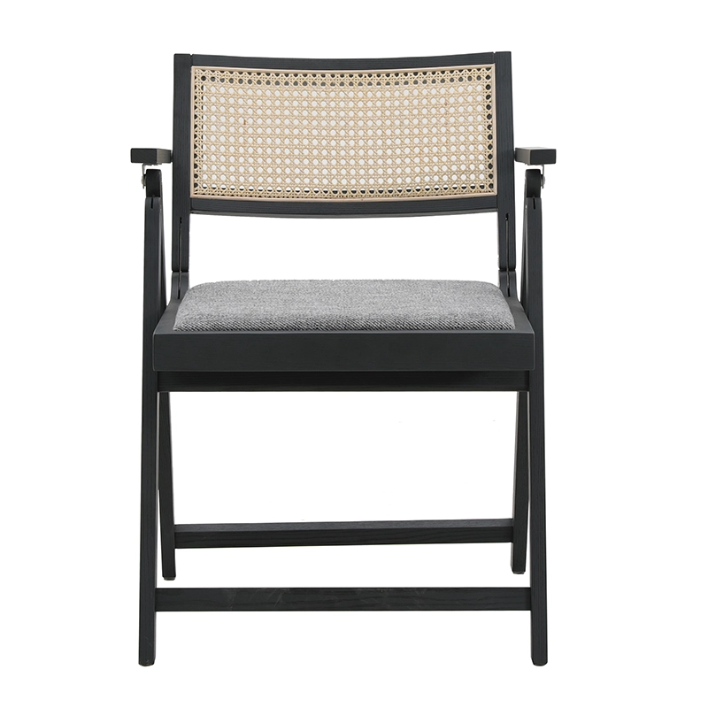 Foldable Wooden frame dining chair with armrest, natural rattan back and cushion seat